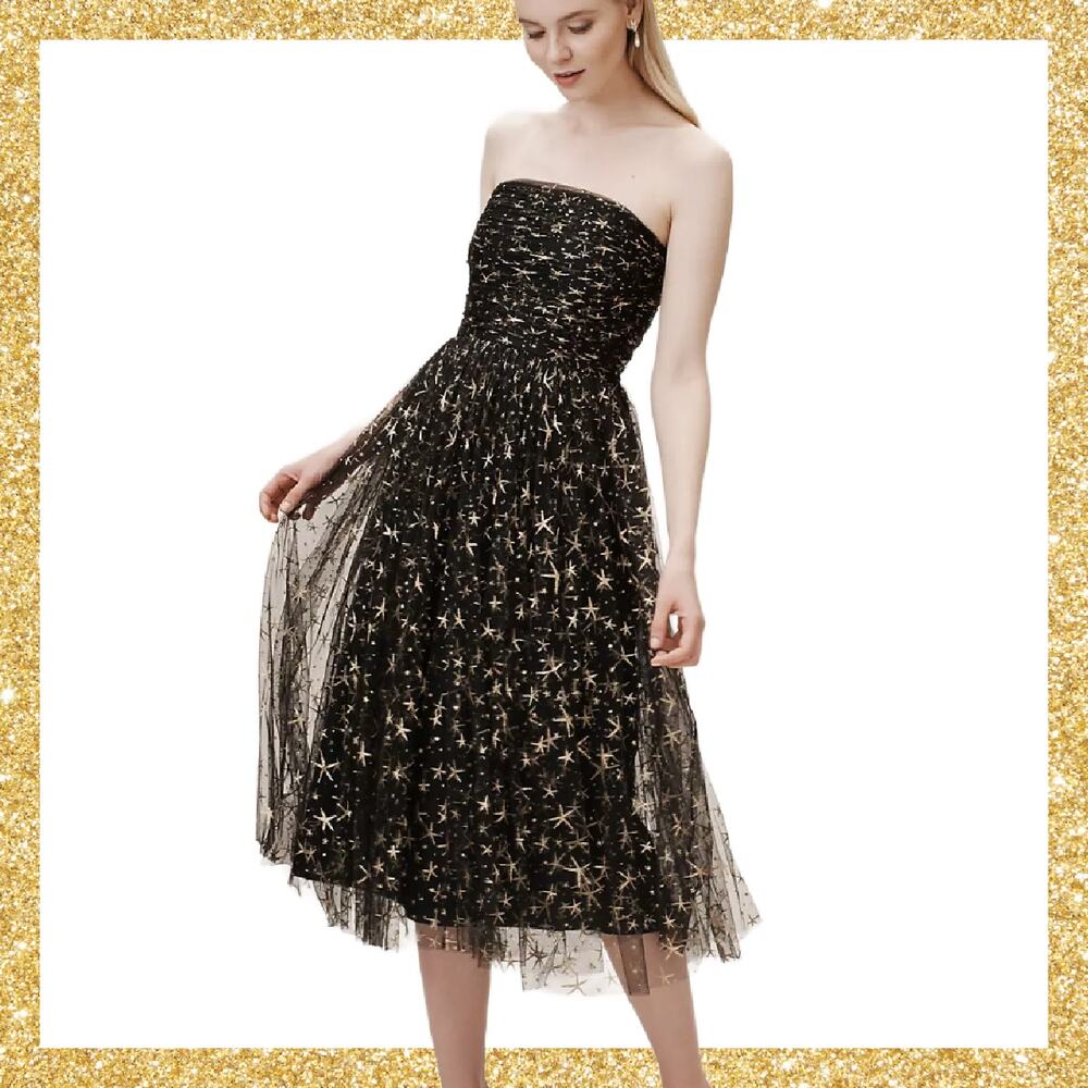 Anthropologie Black Strapless Midi Dress with Gold Star Embellishments